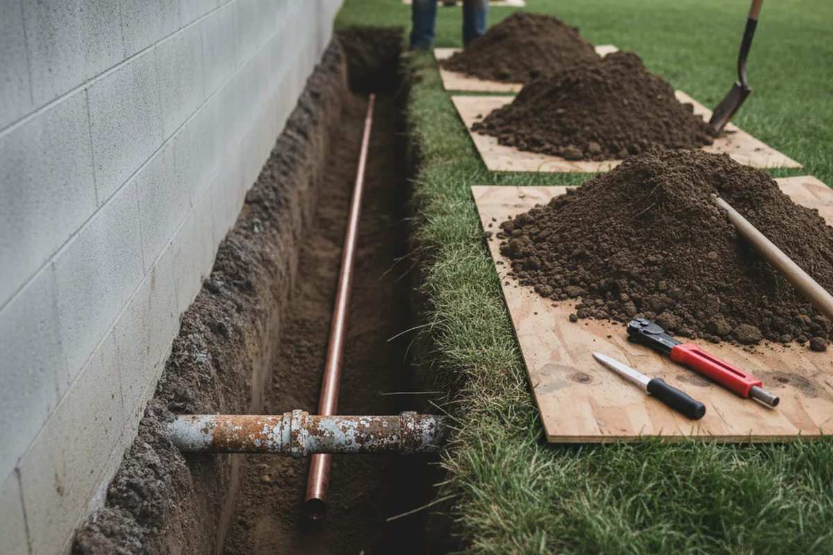 Excavated water line trench during Sewer Line Repair in Anza